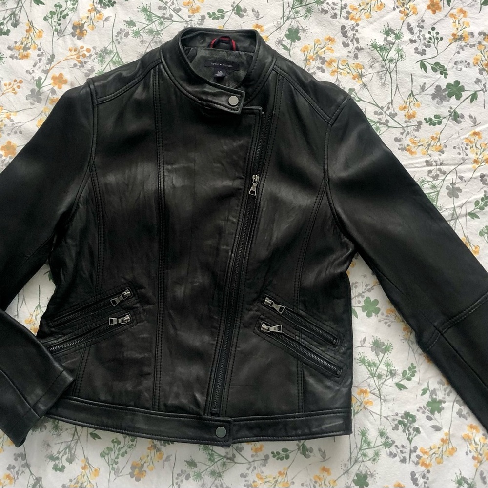 Tommy Hilfiger Black Leather Asymmetrical Zip Jacket